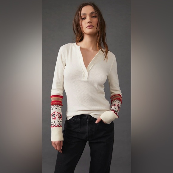 We The Free Tops - Free People Mikah Layering Cuff Thermal Top XS Cream Combo Split Neck Boho EUC